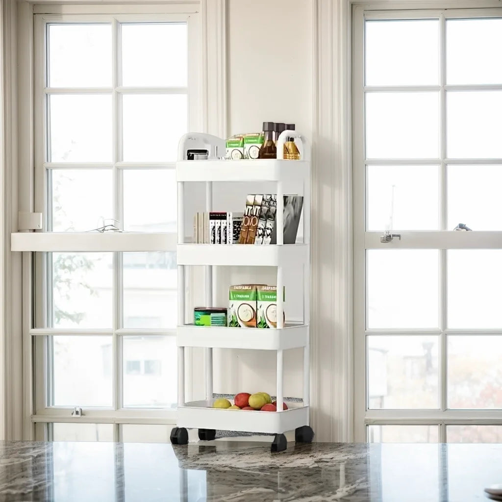 1pc 3/4-Tier Rolling Storage Cart, Plastic Multi-Functional Organizer Trolley, Slim, Space-Saving, Adjustable Shelves, with Easy