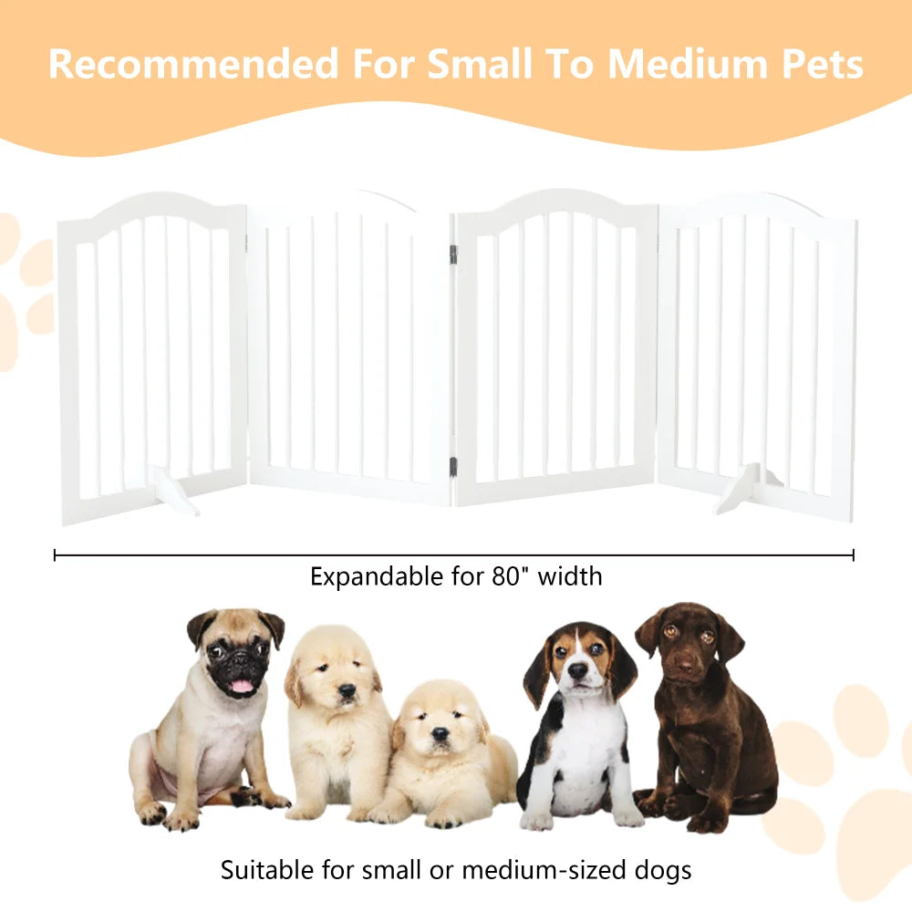 27.6" Height Tall Freestanding Pet Gate 4 Panels Foldable Dog Gate Solid Wood Folding Safety Fence Wooden Dog Gate with 2 Pcs