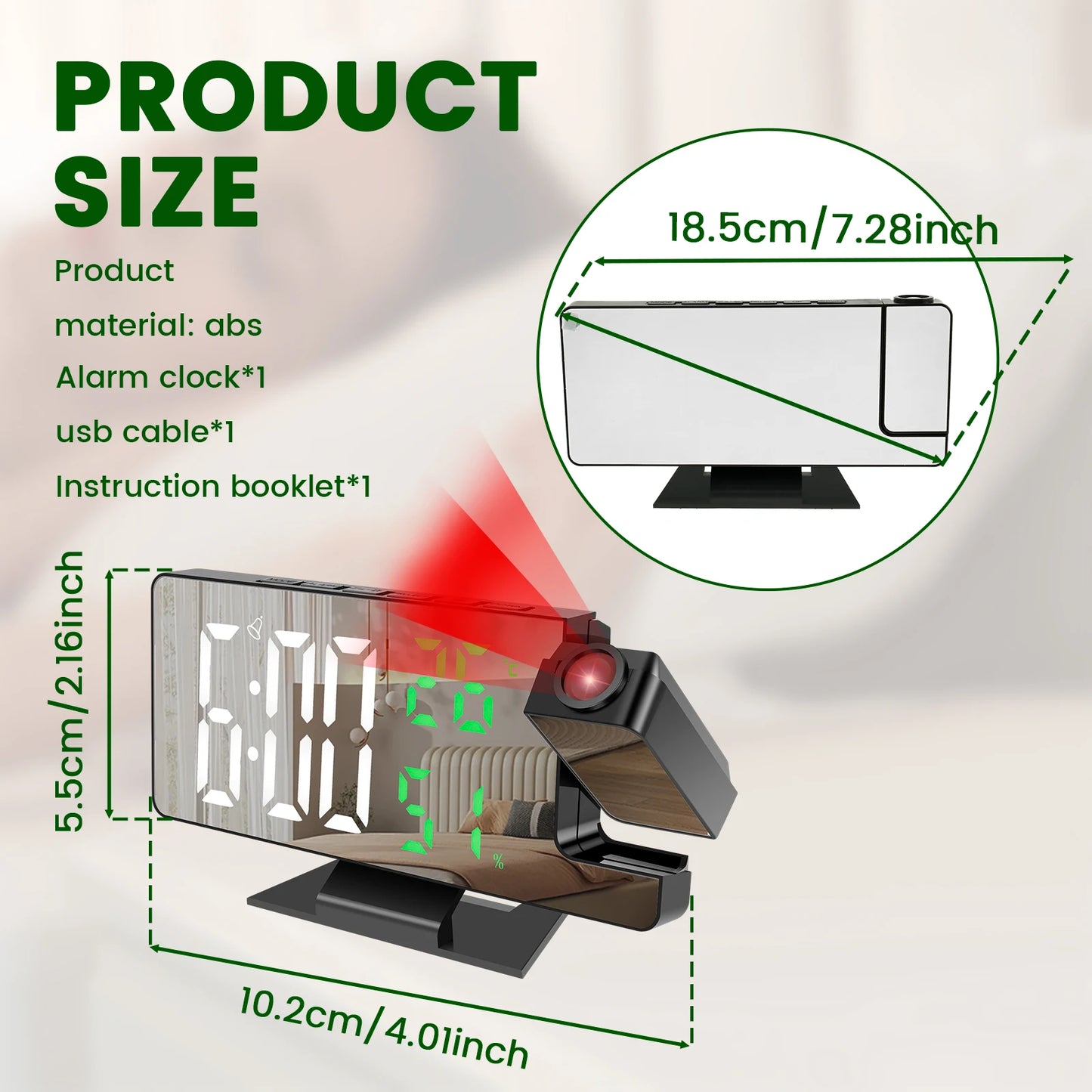 Projection digital alarm clock 180 ° arm projection LED alarm clock multifunctional USB plug in projector desktop LED clock