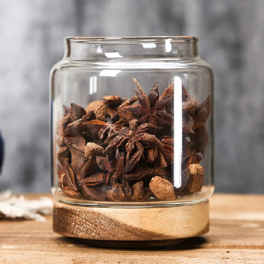 1 PC Small Glass Storage Jars with Airtight Lids, coffee container with Wooden Lid, Glass Pantry Canister for Beans, Rice,Sugar