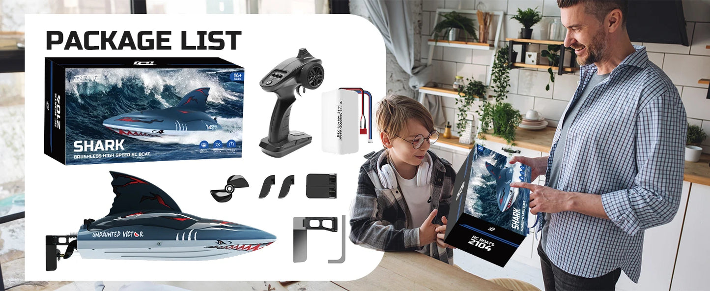 DEERC RC Shark Boat DE 2104 SHARK 48+ km/h, 3S Speed, Self-Rising, 2.4 GHz, LED Lights, Summer Gift.