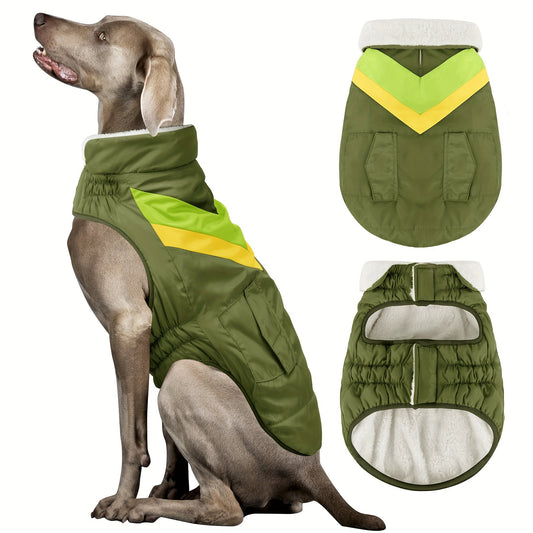 All-Season Warm Fleece Dog Vest with Harness - Windproof Turtleneck Coat for Small to Large Breeds, Green with Yellow Accents, Hook-and-loop Fastener Closure & Pockets for Comfortable Outdoor Adventures, Dog Jacket