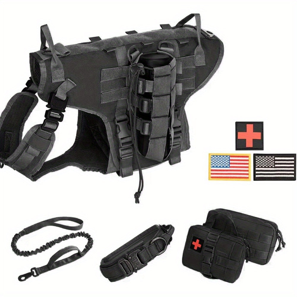 Tactical Dog Vest Harness and Training Dog Collar with Bungee Dog Leash Set No Pull Military Dog Harness with 2 Detachable and 1 Water Bottle Pouches for Outdoor Training Service, Coyote Brown L