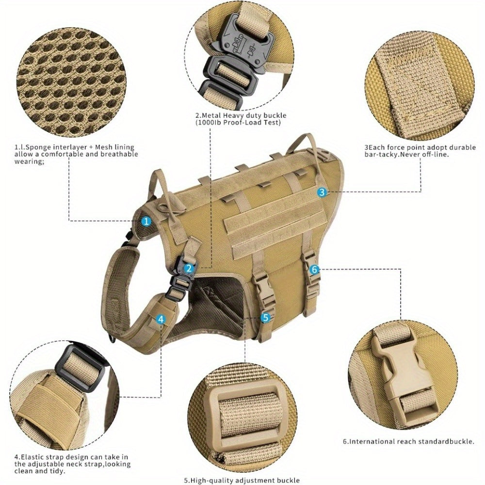 Tactical Dog Vest Harness and Training Dog Collar with Bungee Dog Leash Set No Pull Military Dog Harness with 2 Detachable and 1 Water Bottle Pouches for Outdoor Training Service, Coyote Brown L