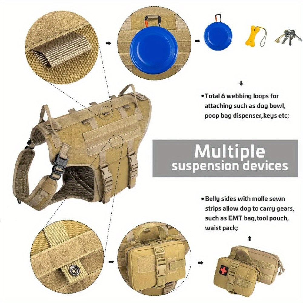 Tactical Dog Vest Harness and Training Dog Collar with Bungee Dog Leash Set No Pull Military Dog Harness with 2 Detachable and 1 Water Bottle Pouches for Outdoor Training Service, Coyote Brown L