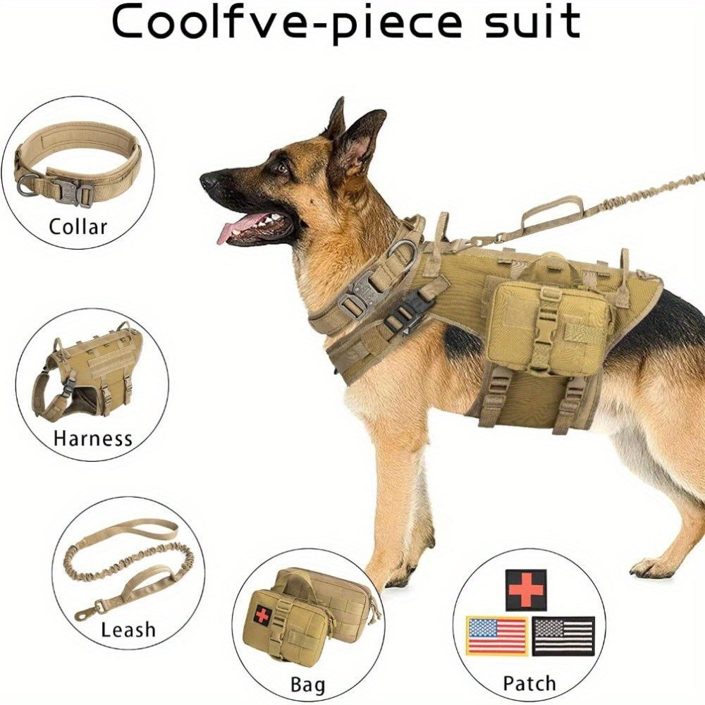 Tactical Dog Vest Harness and Training Dog Collar with Bungee Dog Leash Set No Pull Military Dog Harness with 2 Detachable and 1 Water Bottle Pouches for Outdoor Training Service, Coyote Brown L