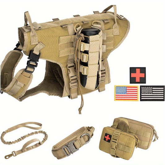 Tactical Dog Vest Harness and Training Dog Collar with Bungee Dog Leash Set No Pull Military Dog Harness with 2 Detachable and 1 Water Bottle Pouches for Outdoor Training Service, Coyote Brown L