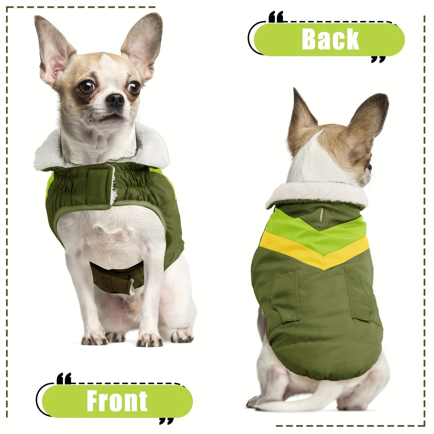 All-Season Warm Fleece Dog Vest with Harness - Windproof Turtleneck Coat for Small to Large Breeds, Green with Yellow Accents, Hook-and-loop Fastener Closure & Pockets for Comfortable Outdoor Adventures, Dog Jacket