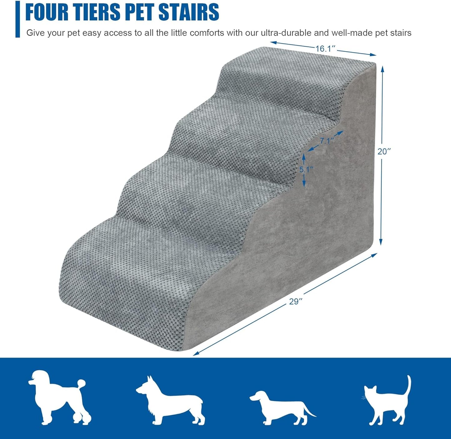 Dog Stairs For Small Dogs - High Density Foam Dog Ramp, Extra Wide Pet Steps With Non-Slip Bottom For High Beds, Couche And
