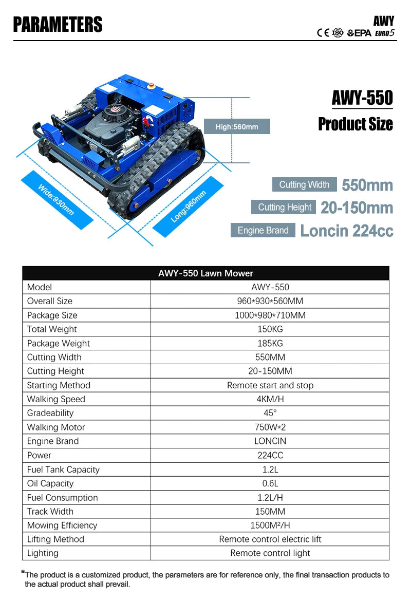 Remote Control Lawn Mower Rc Crawler 7.5HP Slope Mowing Machine Tracked Radio Controlled Grass Cutter Robotic Mowers
