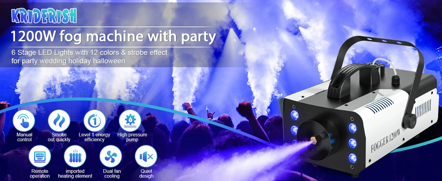Fieryzeal 1200W Fog Machine RGB Stage Effect Smoke Machine 6LEDs Lighting Smoke Haze Generator Remote Fogger for DJ Disco Party