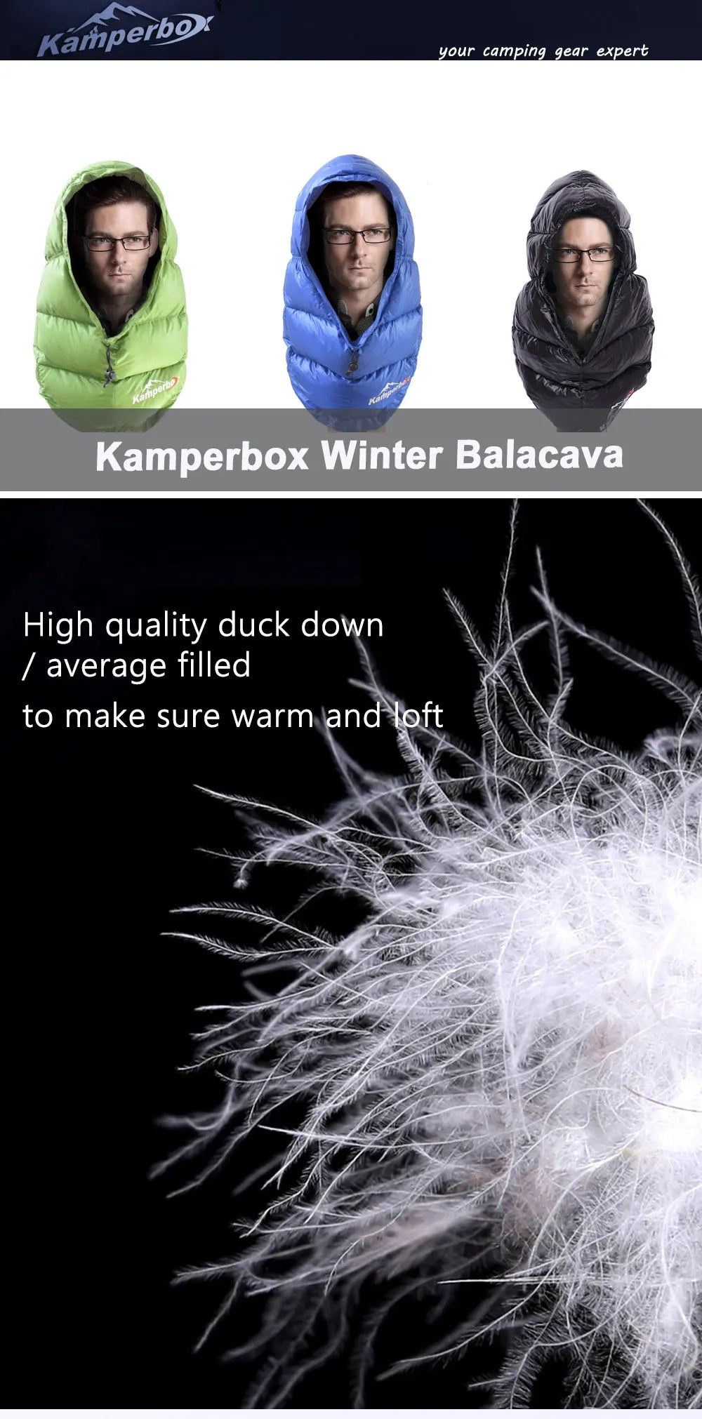 Kamperbox Balacava Down Beanie for Ultralight Camping Gear Sleeping Bag Winter Down Hat Cap TP21