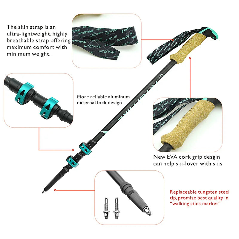 Carbon Fiber External Quick Lock Trekking Poles, Nordic Walking Stick, Hiking Telescope Stick, Shooting Crutch, 210 g/pc