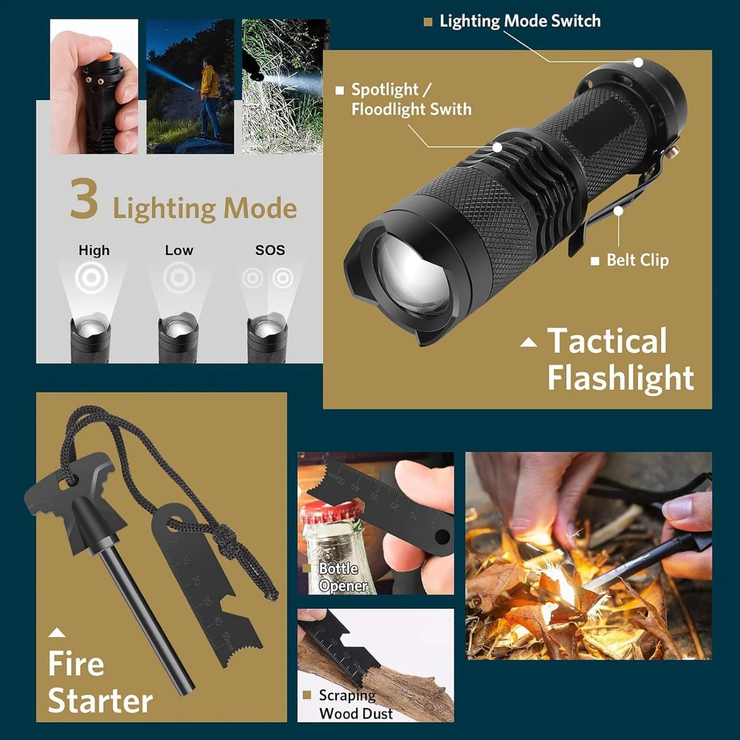 Survival pack, 13 integrated survival equipment and devices, tactical tools, camping, hiking, hunting, outdoor exploration