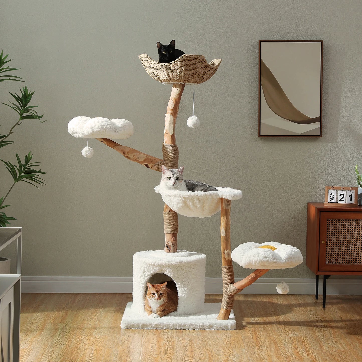 59" Cat Tree Modern Cat Tower with Spacious Cat Condo,Round Cozy Hammock,2 Flower Perches,Double Comfort Perfect for Indoor Cats
