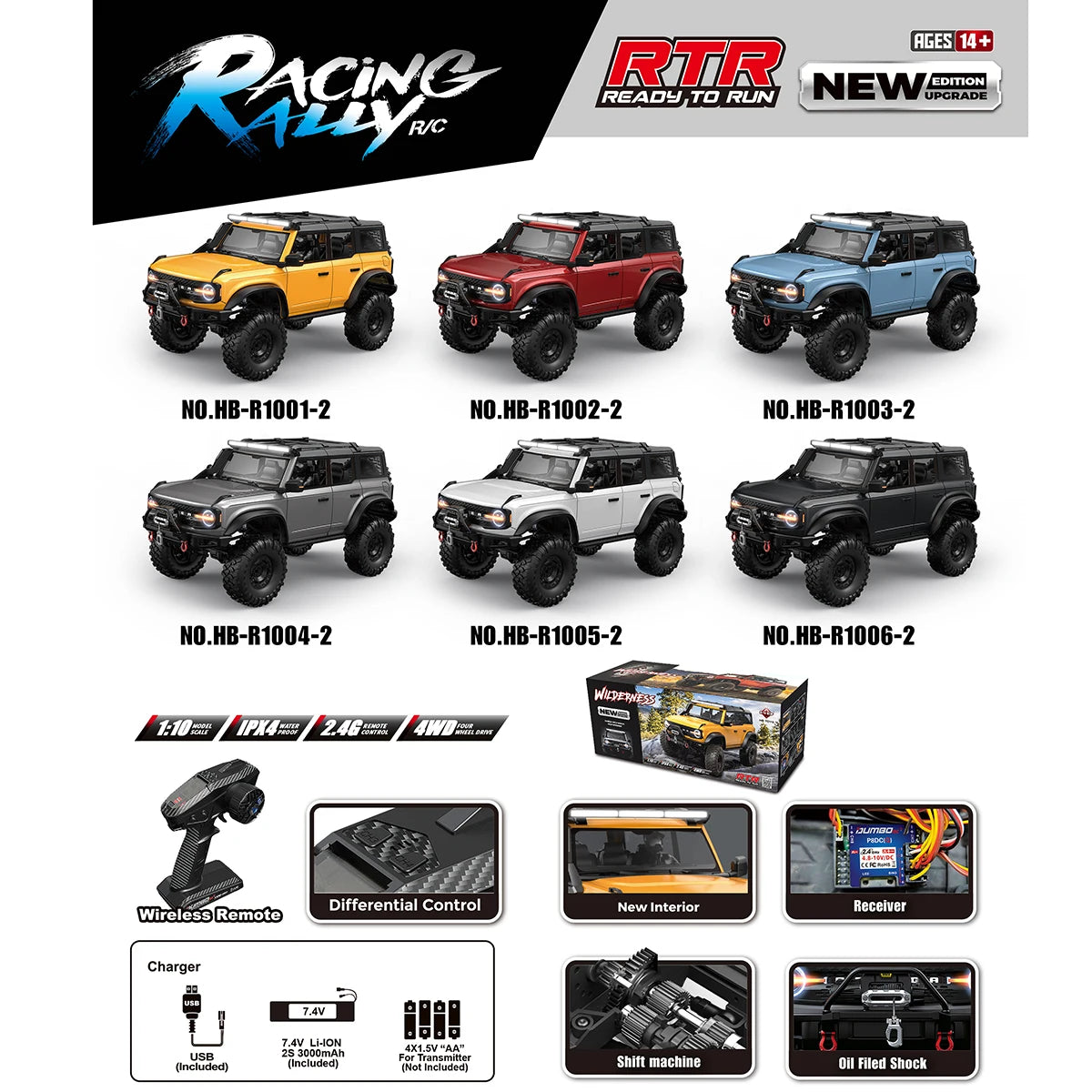 1/10 RC Crawler Upgrade HB Rc Model 4WD RTR with LED 2.4G Electric Remote Control Rock Off-road Vehicle for Adults US Shipping