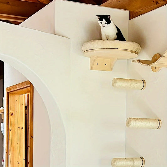Cat Wall Mounted Solid Wooden Furniture Climbing Ladder and Cat Hammock with Scratching Post for Activity Indoor Cats Perches