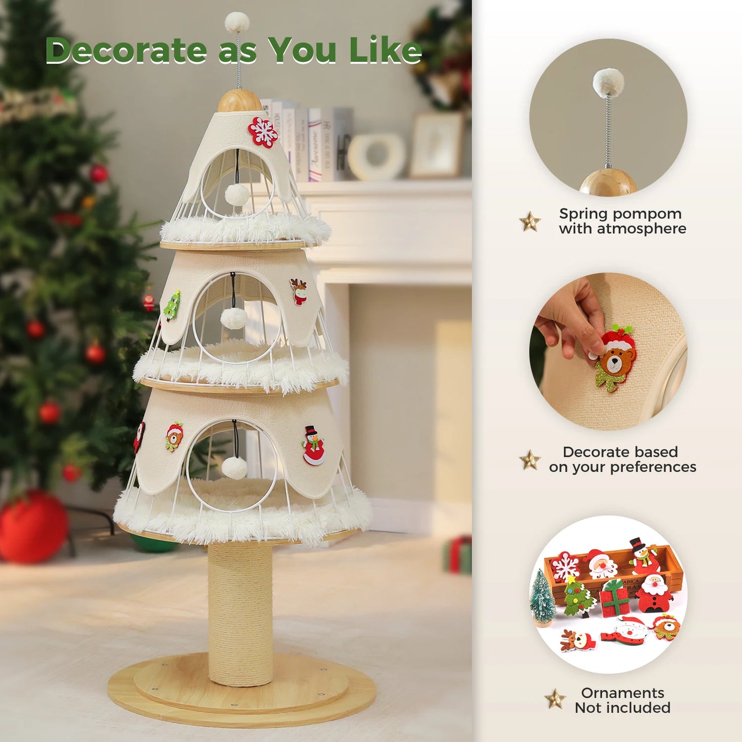 Christmas Cat Tree with 3 Cozy Condos, Sisal Scratching Post, Multi-Level Cat Tower, Cat House Bed for Indoor, Cat Furniture