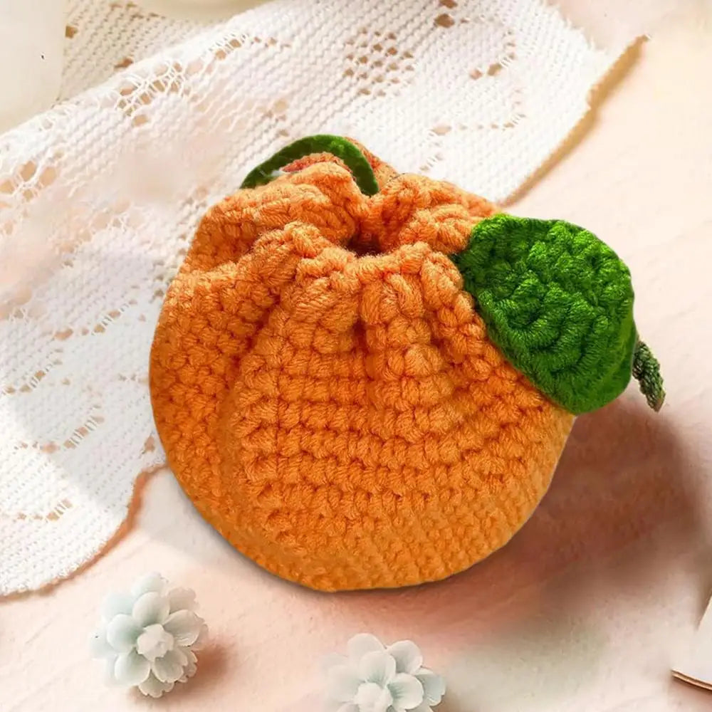 Orange Coin Purse Crochet Drawstring Bag Cute Drawstring Orange-Shaped Cute Wallet Crochet Tangerine Bag For Coin Chargers