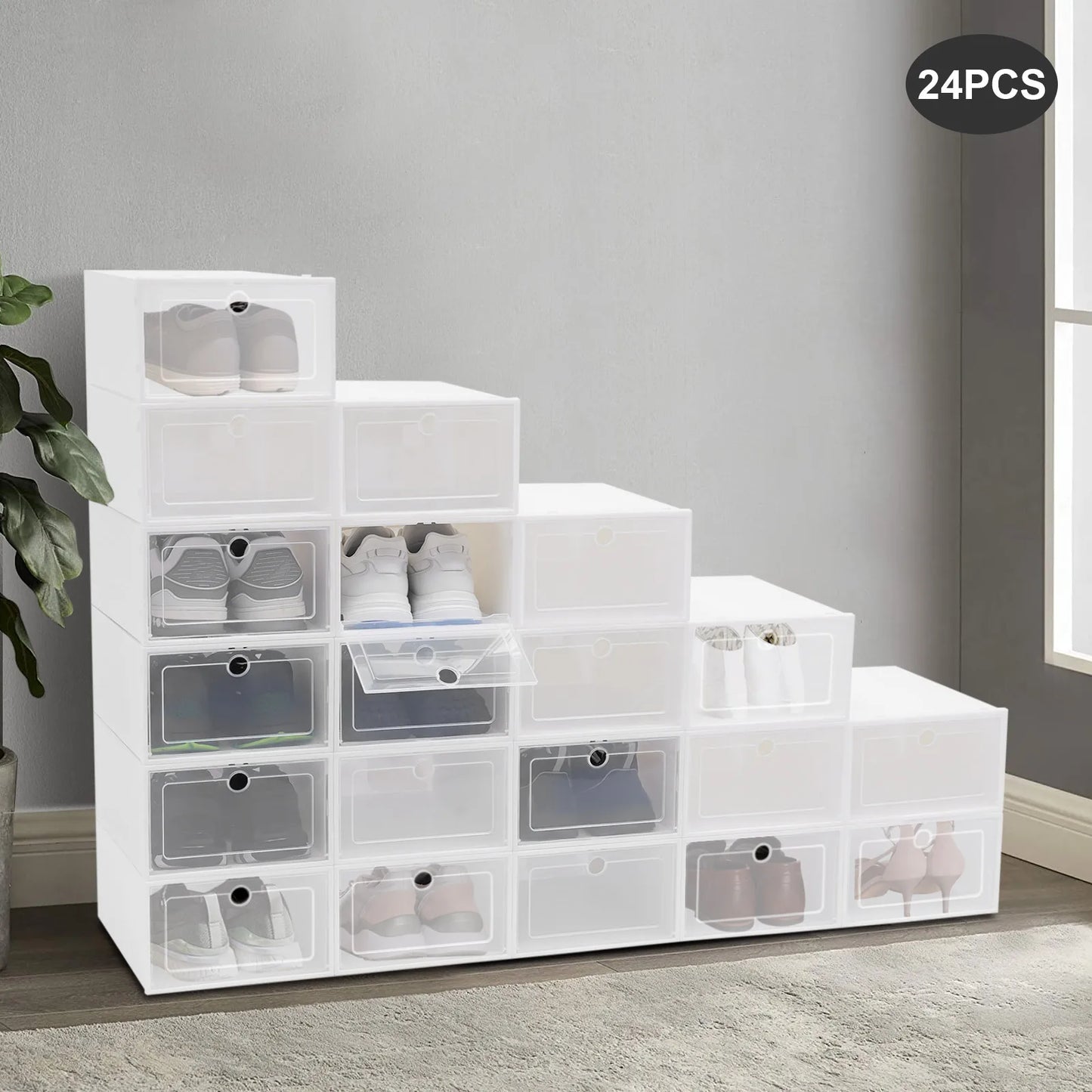 24pcs/set Transparent Plastic Shoe Case  Large Thickened Shoe Box Stackable Organizer Drawer Shoe Rack White