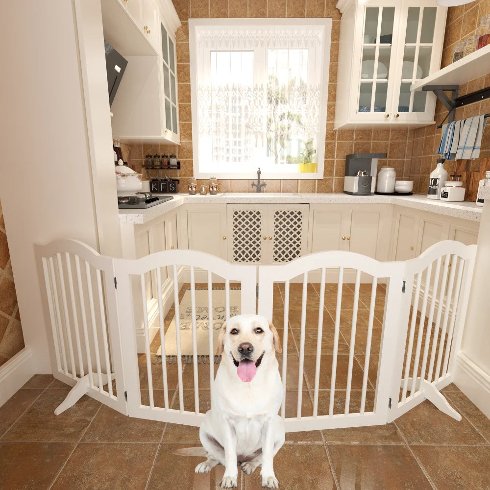 27.6" Height Tall Freestanding Pet Gate 4 Panels Foldable Dog Gate Solid Wood Folding Safety Fence Wooden Dog Gate with 2 Pcs
