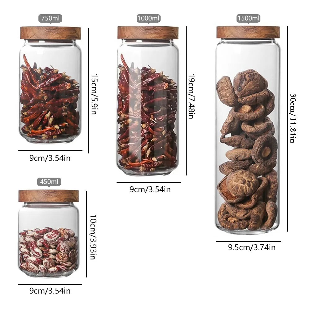 1 PC Small Glass Storage Jars with Airtight Lids,  coffee container with Wooden Lid, Glass Pantry Canister for Beans, Rice,Sugar