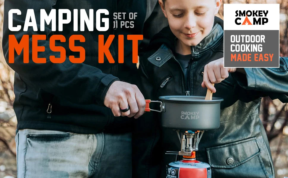 Camping Cookware Mess Kit Set with Stove - Backpacking Camping Pots and Pans Set All in One Non-Stick Camping Cooking Set Portab