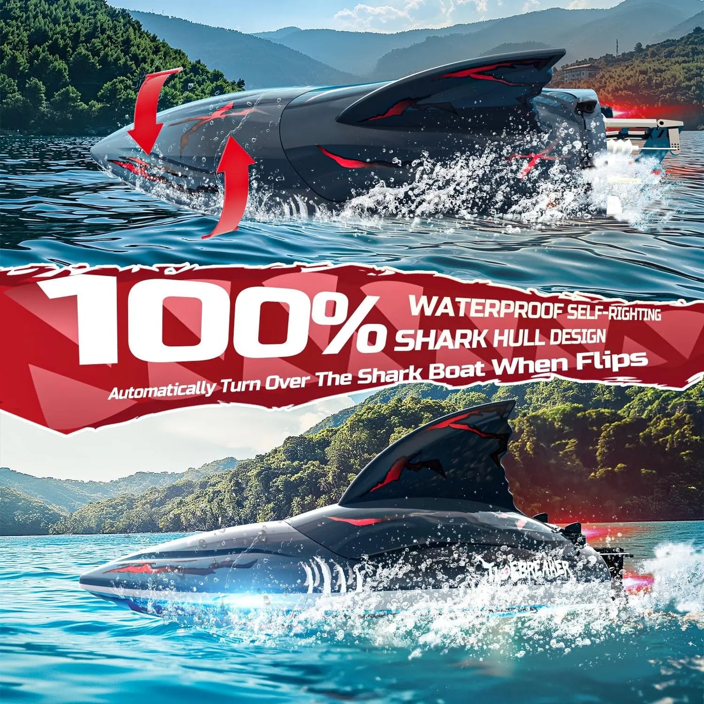 DEERC RC Shark Boat DE 2104 SHARK 48+ km/h, 3S Speed, Self-Rising, 2.4 GHz, LED Lights, Summer Gift.