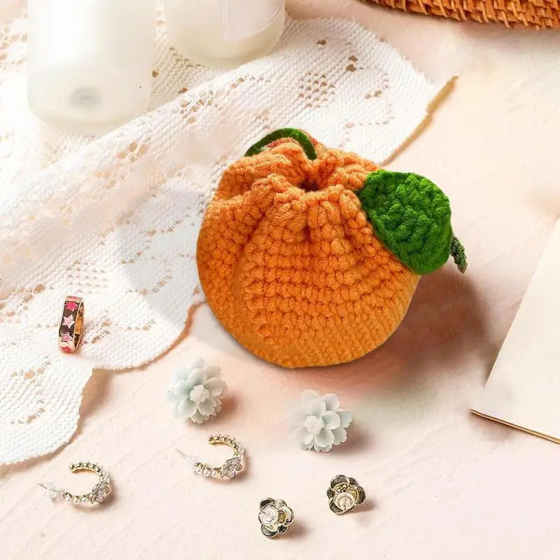 Orange Coin Purse Crochet Drawstring Bag Cute Drawstring Orange-Shaped Cute Wallet Crochet Tangerine Bag For Coin Chargers