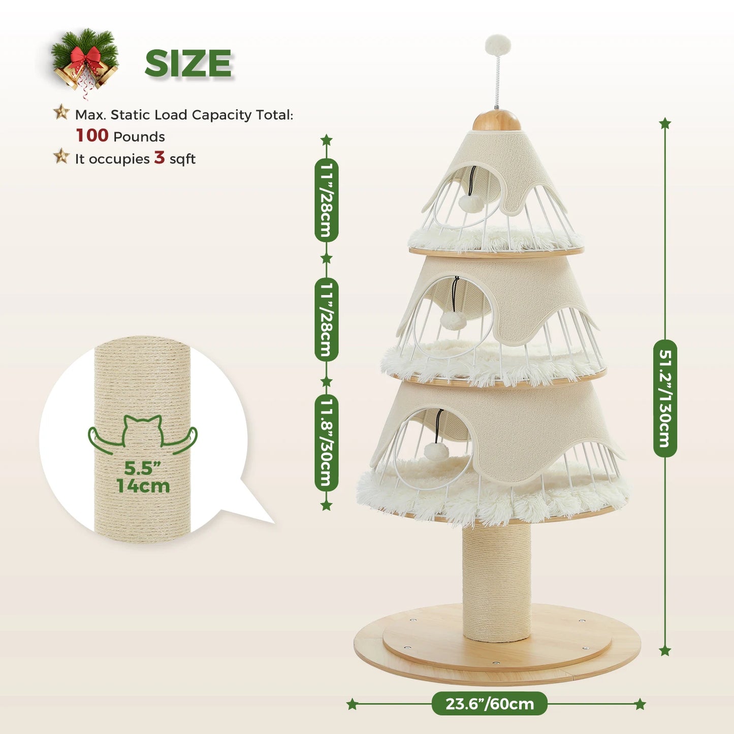Christmas Cat Tree with 3 Cozy Condos, Sisal Scratching Post, Multi-Level Cat Tower, Cat House Bed for Indoor, Cat Furniture