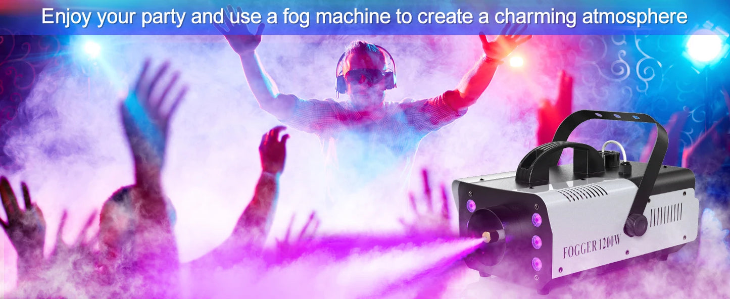 Fieryzeal 1200W Fog Machine RGB Stage Effect Smoke Machine 6LEDs Lighting Smoke Haze Generator Remote Fogger for DJ Disco Party