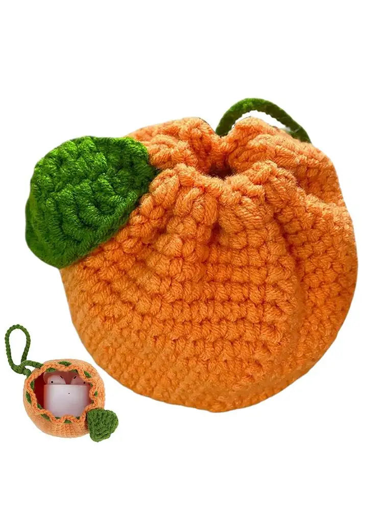 Orange Coin Purse Crochet Drawstring Bag Cute Drawstring Orange-Shaped Cute Wallet Crochet Tangerine Bag For Coin Chargers