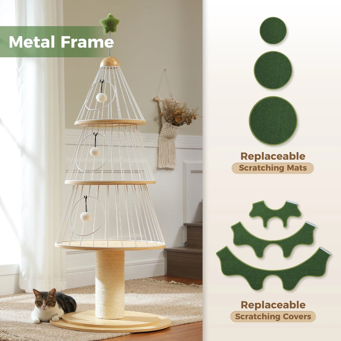 Christmas Cat Tree with 3 Cozy Condos, Sisal Scratching Post, Multi-Level Cat Tower, Cat House Bed for Indoor, Cat Furniture
