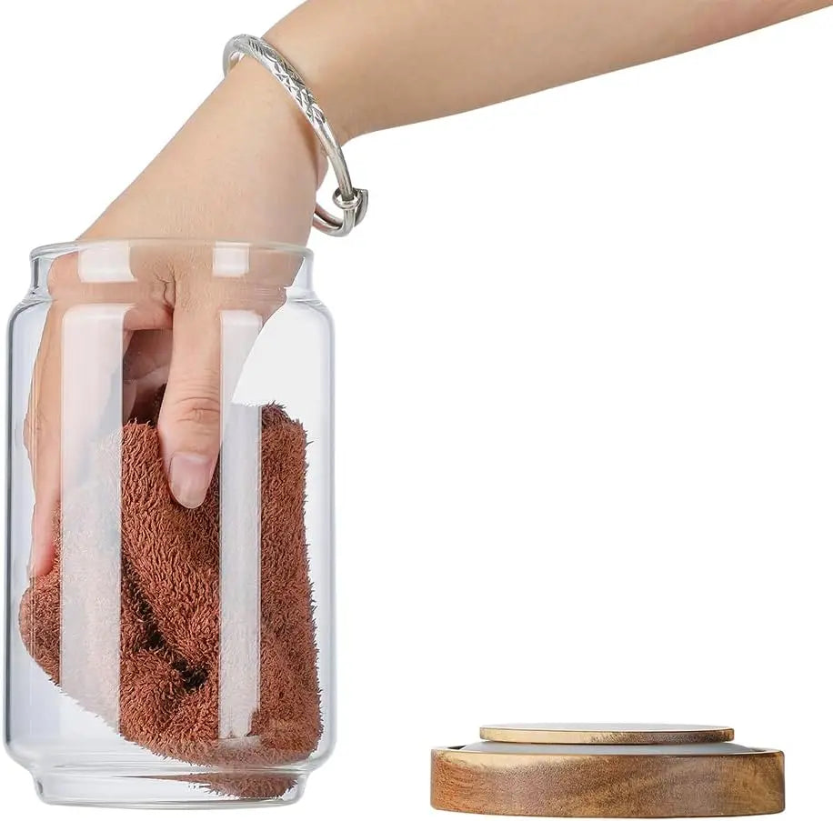 1 PC Small Glass Storage Jars with Airtight Lids,  coffee container with Wooden Lid, Glass Pantry Canister for Beans, Rice,Sugar