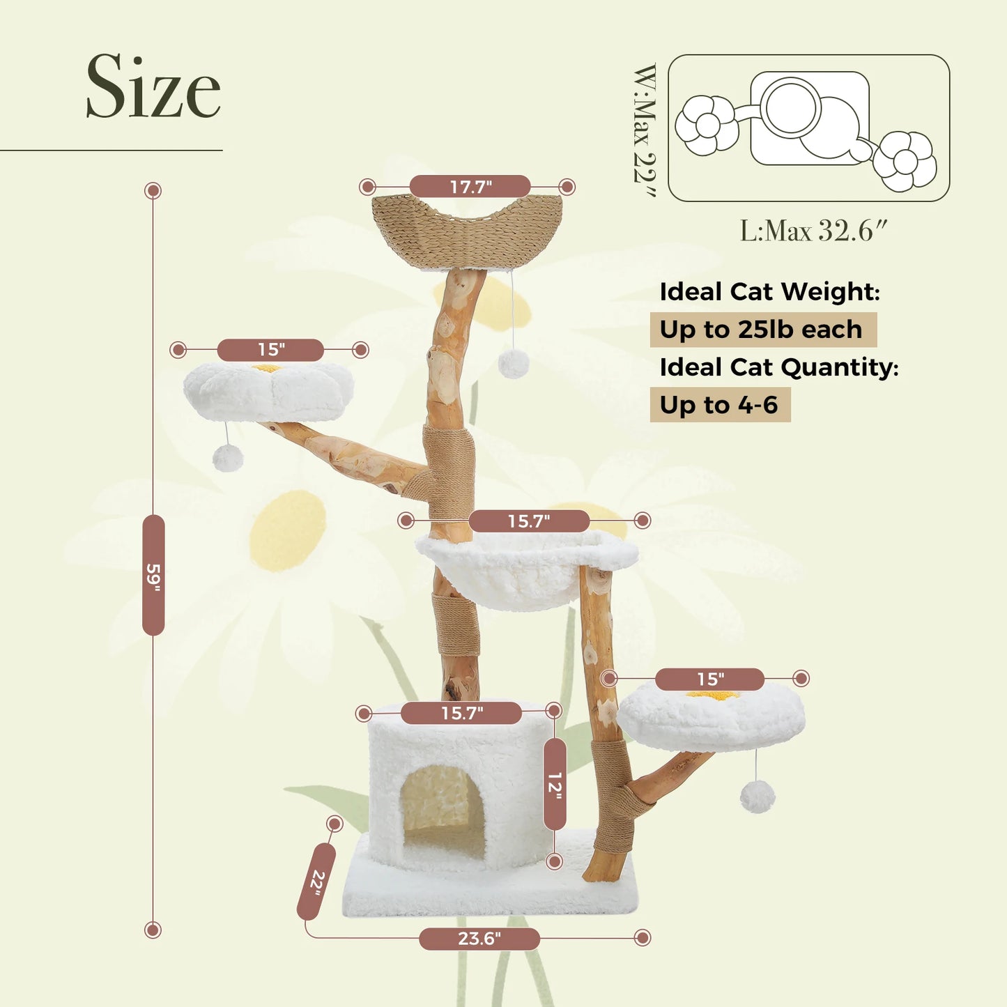 59" Cat Tree Modern Cat Tower with Spacious Cat Condo,Round Cozy Hammock,2 Flower Perches,Double Comfort Perfect for Indoor Cats