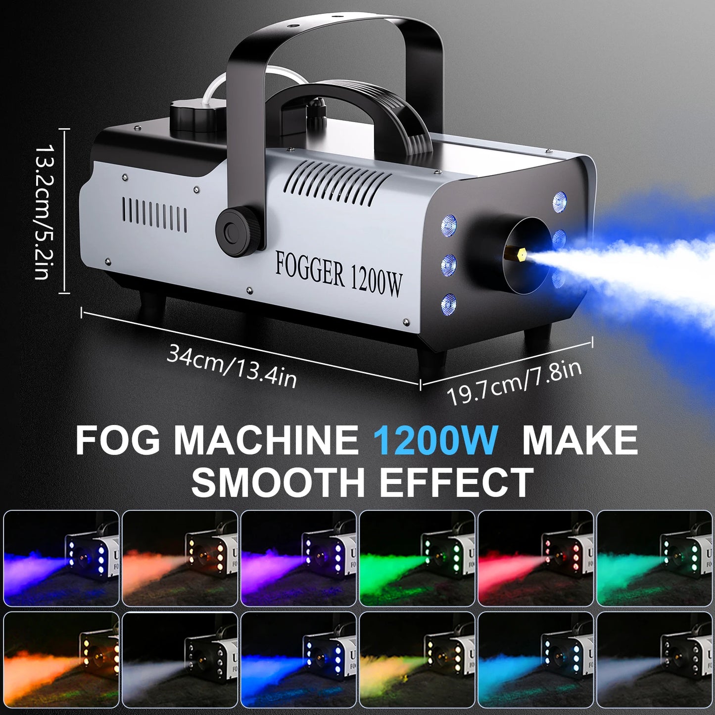 Fieryzeal 1200W Fog Machine RGB Stage Effect Smoke Machine 6LEDs Lighting Smoke Haze Generator Remote Fogger for DJ Disco Party