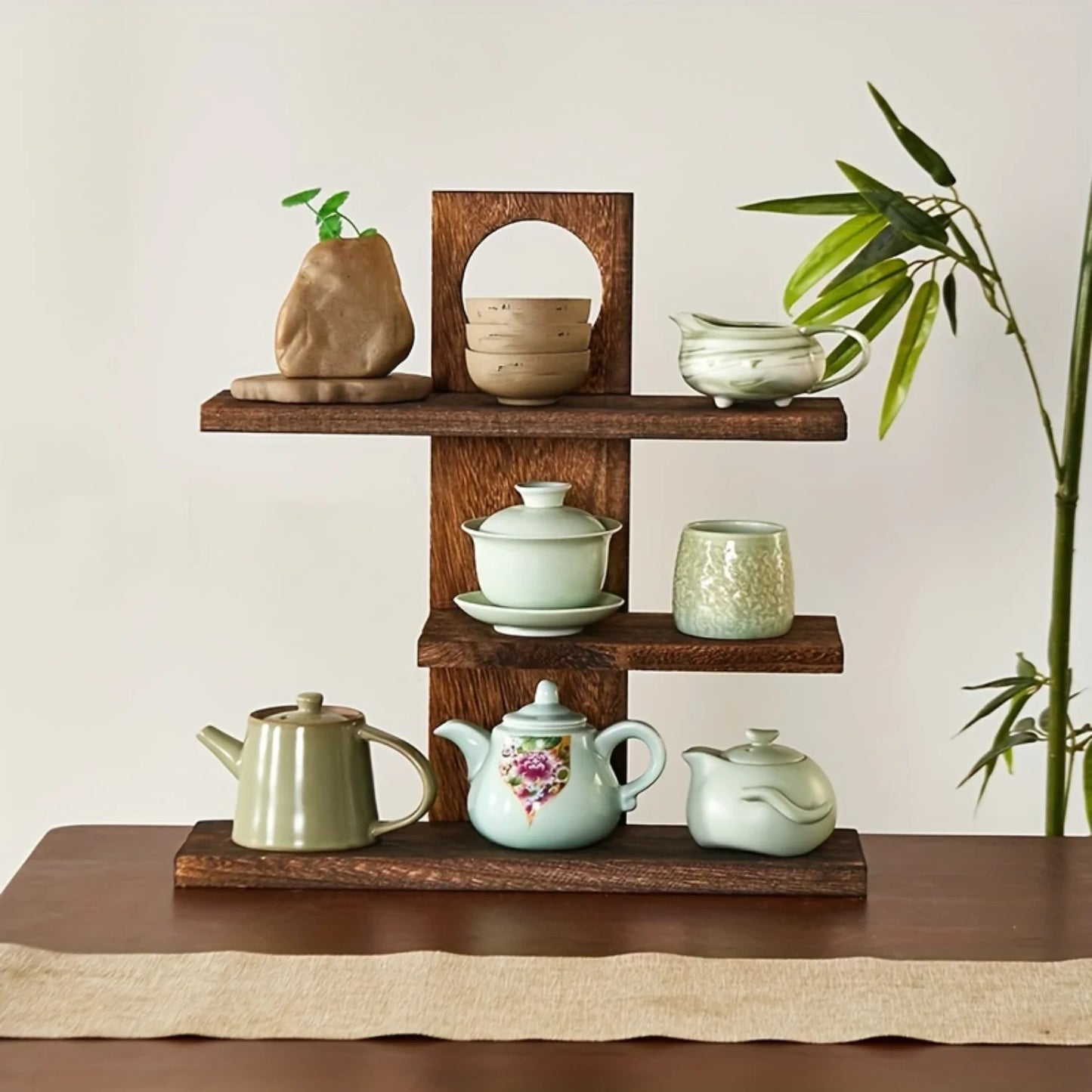 Desktop Display Stand, Wooden Tea Set Rack for Living Room Bedroom Decor & Organization.