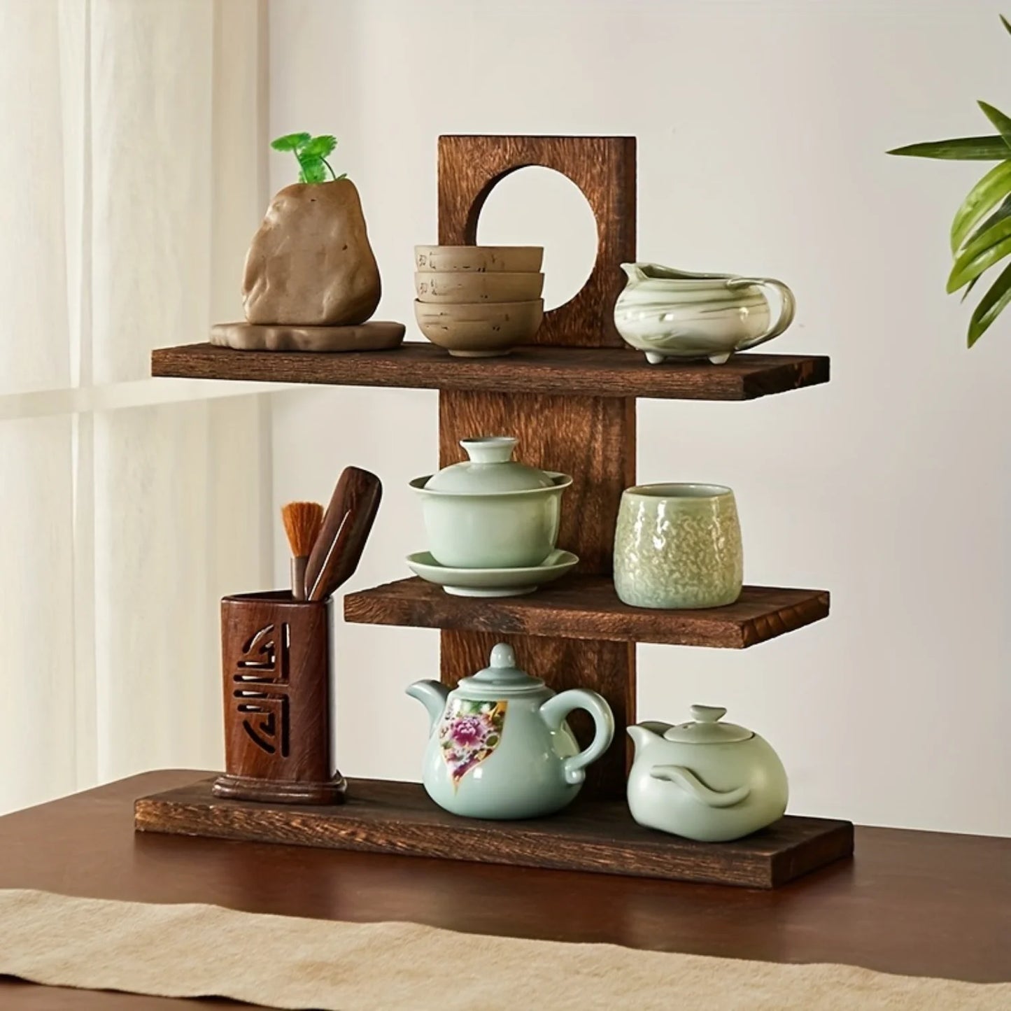 Desktop Display Stand, Wooden Tea Set Rack for Living Room Bedroom Decor & Organization.