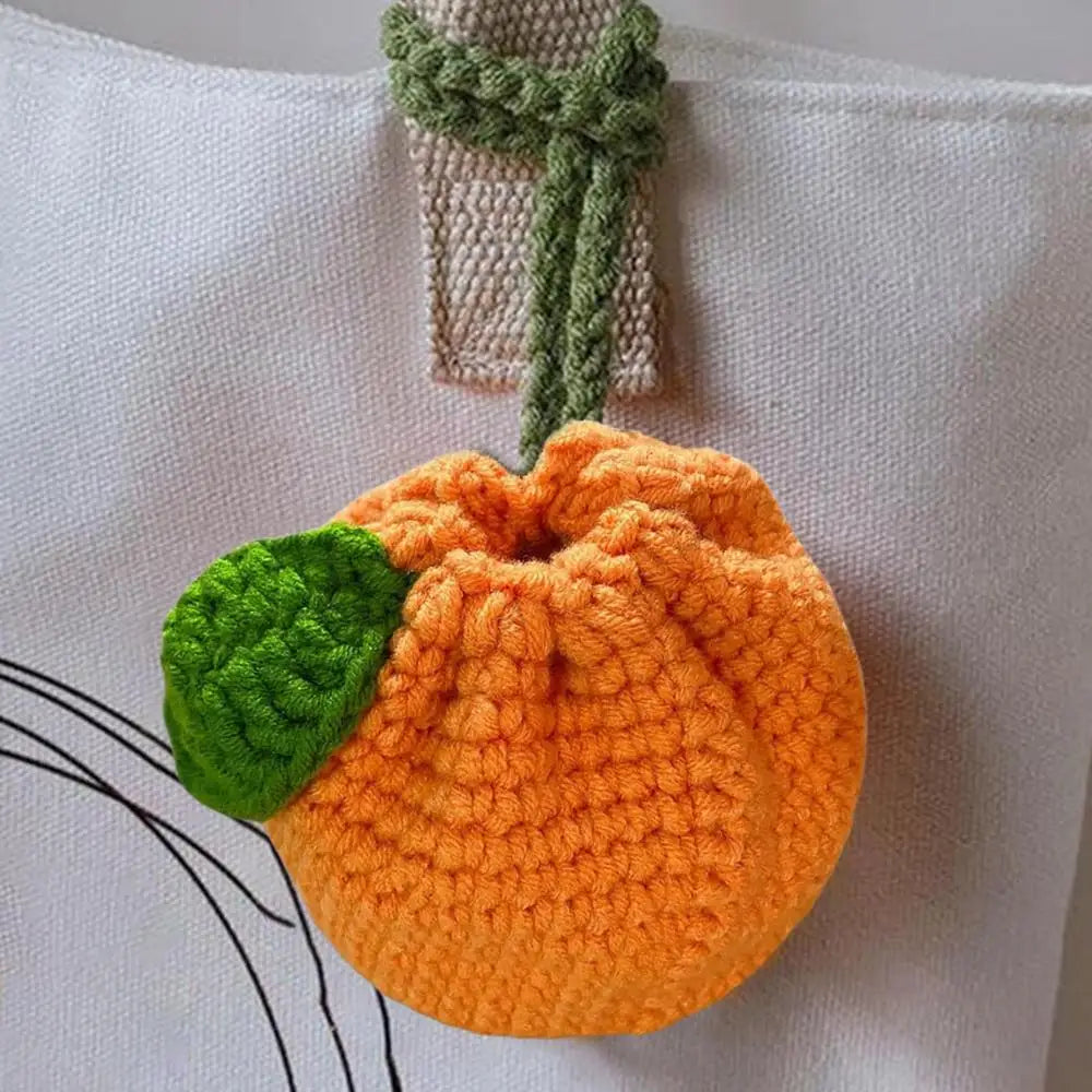 Orange Coin Purse Crochet Drawstring Bag Cute Drawstring Orange-Shaped Cute Wallet Crochet Tangerine Bag For Coin Chargers