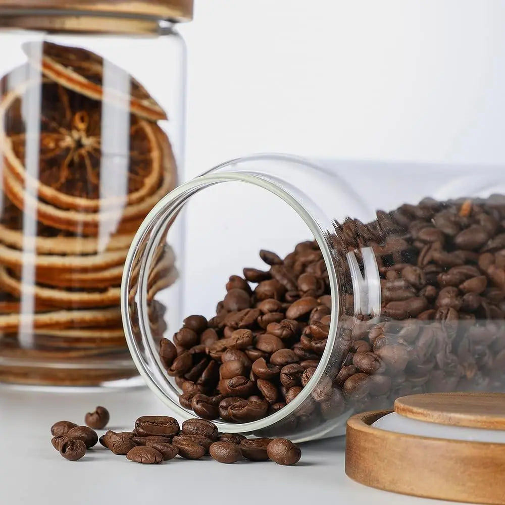 1 PC Small Glass Storage Jars with Airtight Lids,  coffee container with Wooden Lid, Glass Pantry Canister for Beans, Rice,Sugar