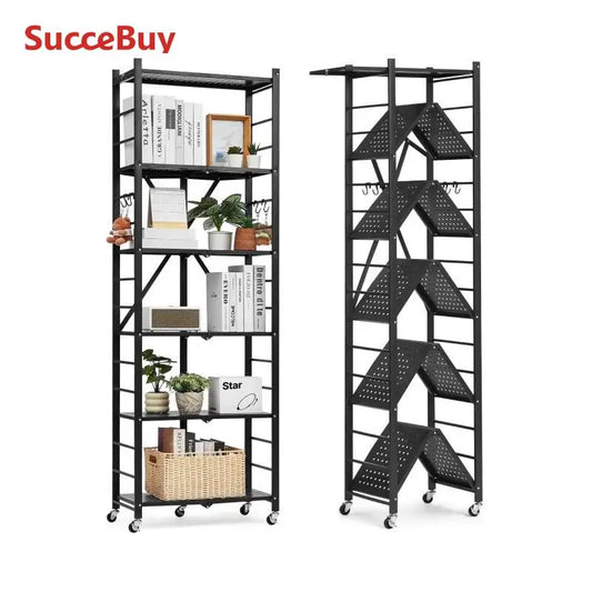 SucceBuy 6/5/4/3 Tier Black Foldable Storage Shelf with Wheels Folding Metal Rack Shelving Unit Organizer for Garage Kitchen