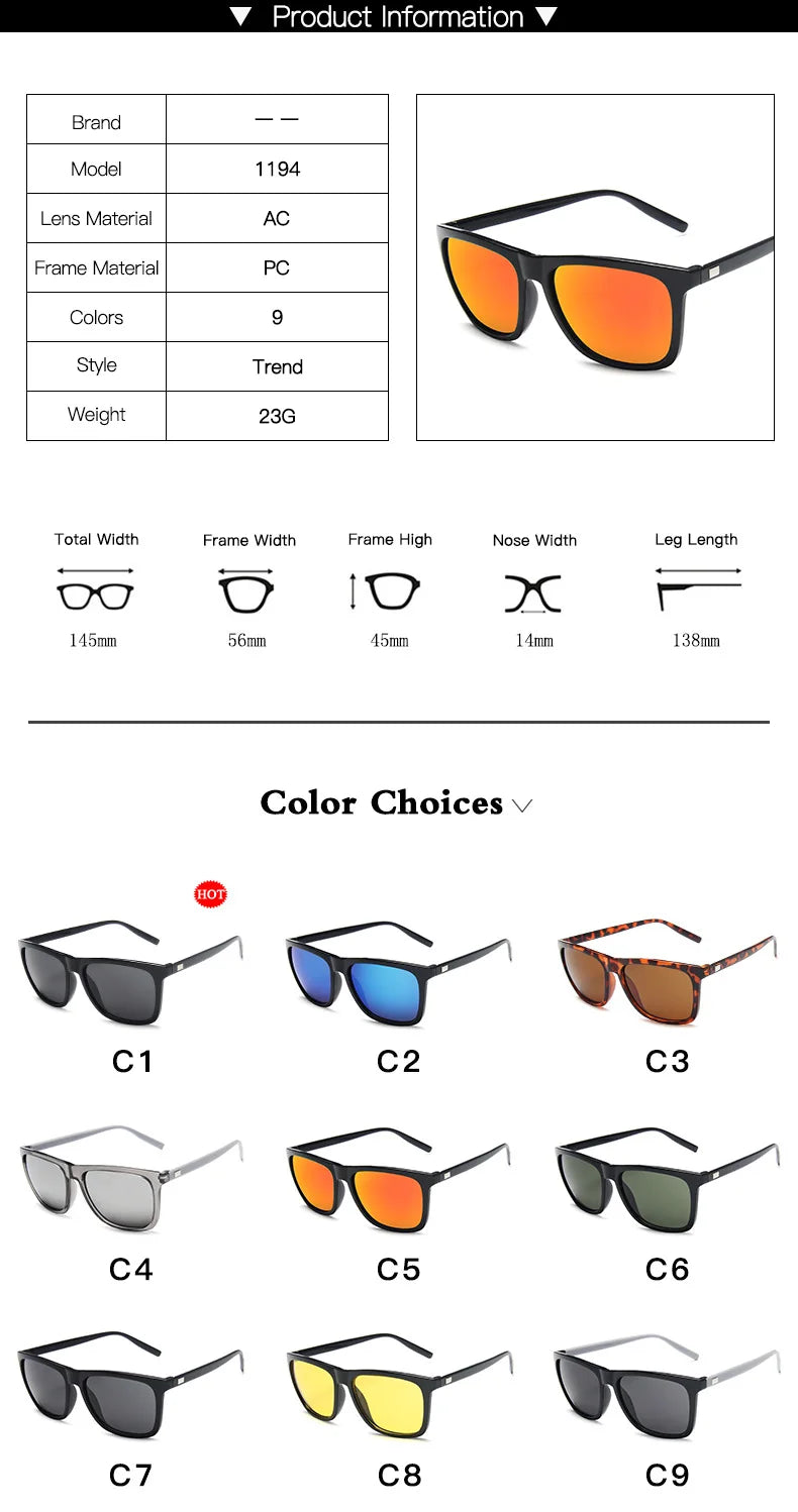 Sports Polarized Sunglasses Men Women Classic Square Plastic Driving Sun Glasses Male Fashion Black Outdoor Shades UV400