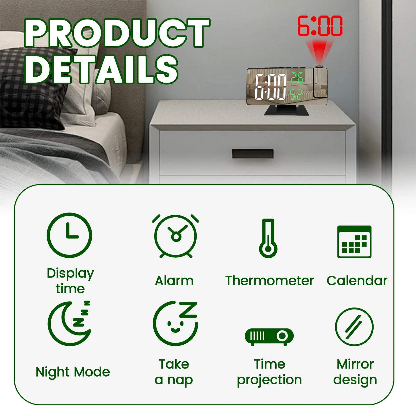 Projection digital alarm clock 180 ° arm projection LED alarm clock multifunctional USB plug in projector desktop LED clock