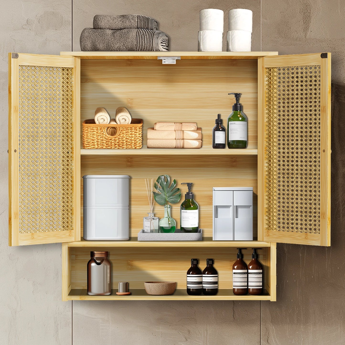 Bamboo Bathroom Wall Cabinet, Over the Toilet, Kitchen Storage, Solid Wood, 3 Shelves, 2 Doors