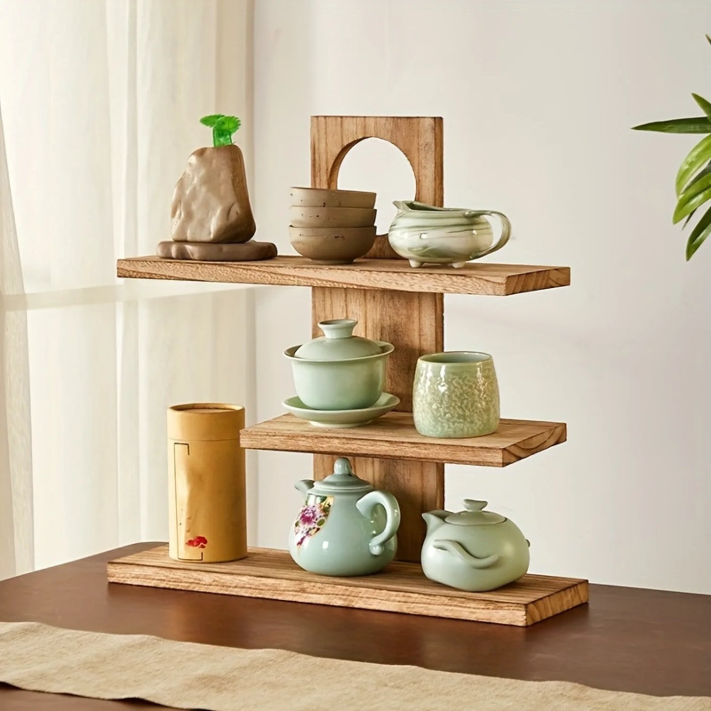 Desktop Display Stand, Wooden Tea Set Rack for Living Room Bedroom Decor & Organization.