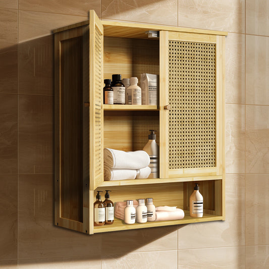 Bamboo Bathroom Wall Cabinet, Over the Toilet, Kitchen Storage, Solid Wood, 3 Shelves, 2 Doors