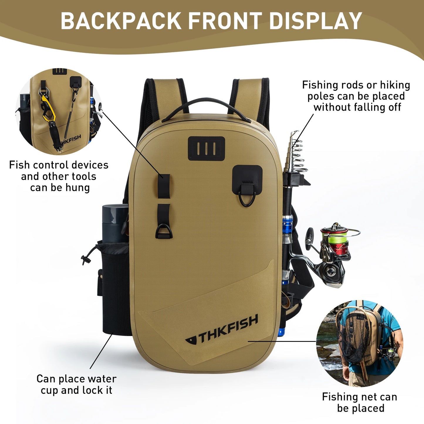THKFISH IPX8 Waterproof Fishing Backpack Fly Fishing Bag Brown Fishing Tackle Storage Bags Outdoor Climbing Hiking Backpacks