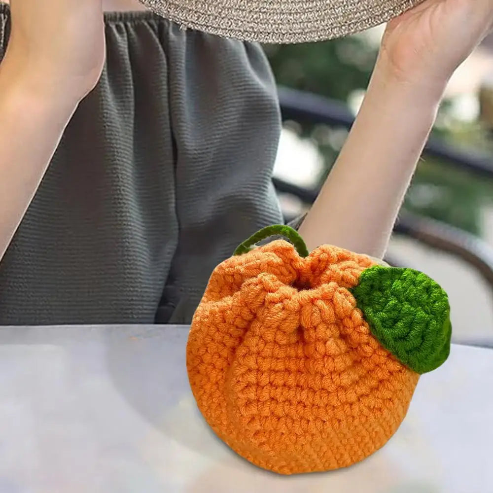 Orange Coin Purse Crochet Drawstring Bag Cute Drawstring Orange-Shaped Cute Wallet Crochet Tangerine Bag For Coin Chargers