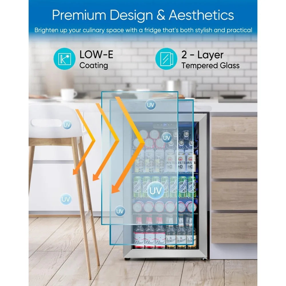 Beverage Refrigerator Cooler - 126 Can Mini Fridge Glass Door for Drinks Soda Beer Wine - Small Refrigerator for Office Bedroom