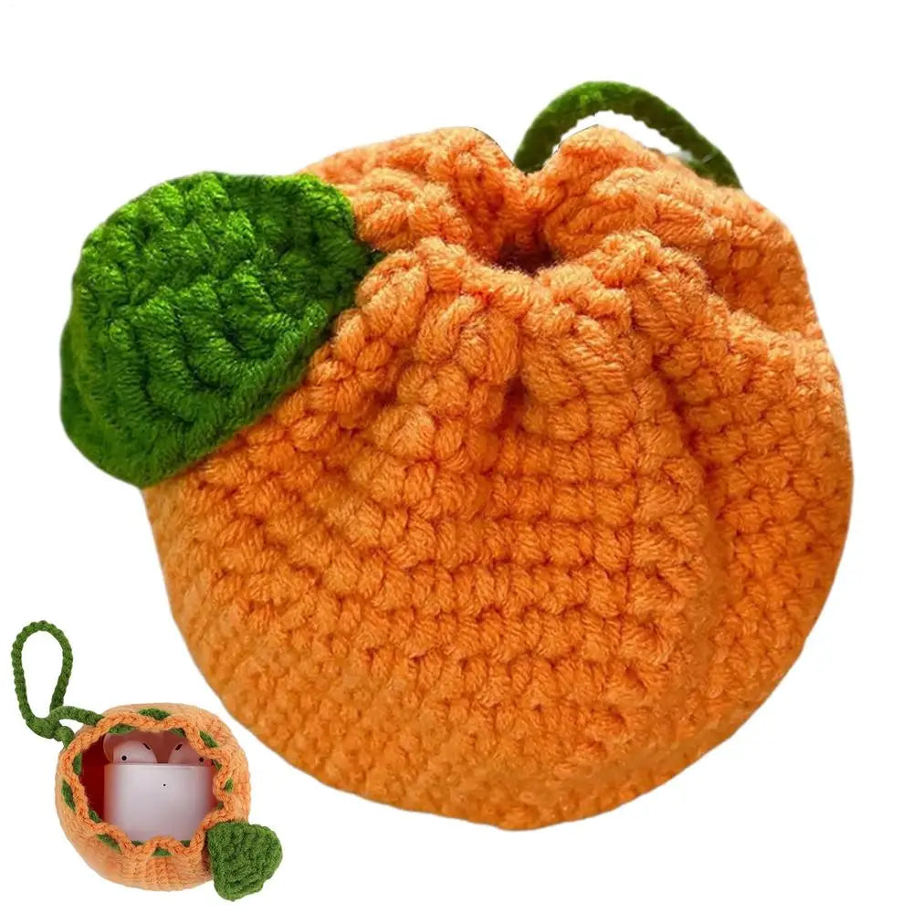 Orange Coin Purse Crochet Drawstring Bag Cute Drawstring Orange-Shaped Cute Wallet Crochet Tangerine Bag For Coin Chargers